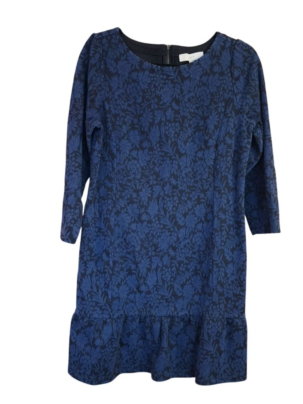 LOFT Floral Jacquard Flounce Dress navy black pattern long sleeves womens size 8